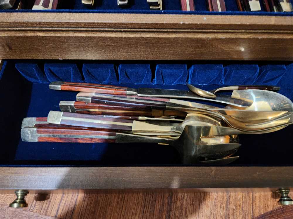 Vintage 1960s Jean Claude  Bronze and Rosewood 65 Piece Cutlery Set.  Made for American Express