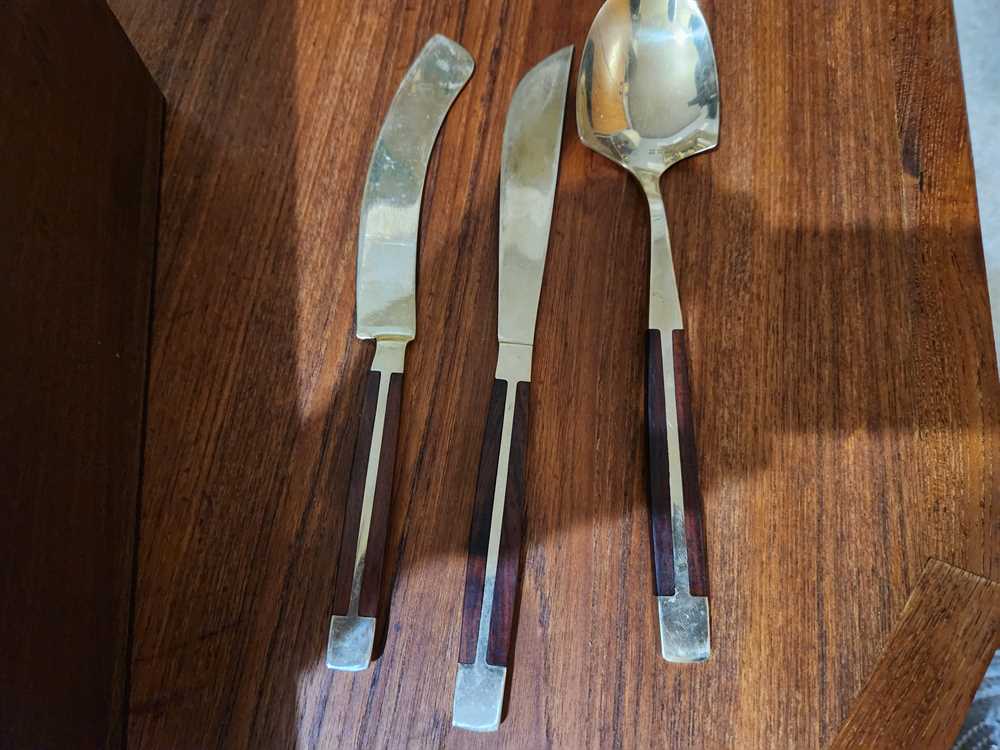 Vintage 1960s Jean Claude  Bronze and Rosewood 65 Piece Cutlery Set.  Made for American Express