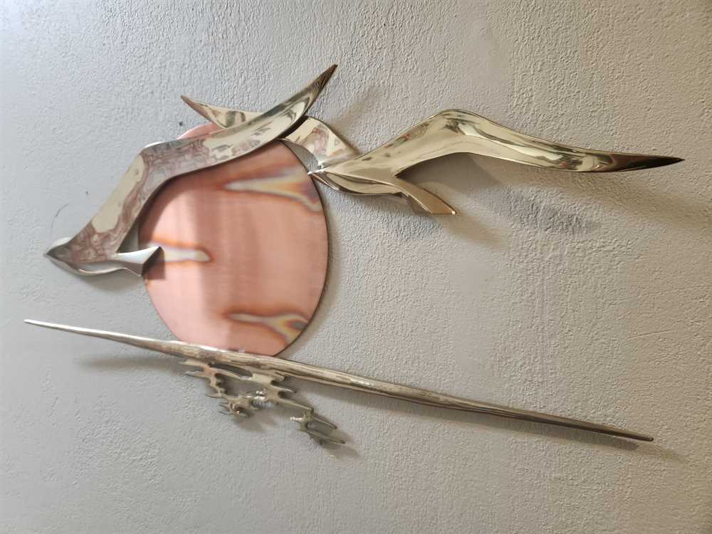 Brass and Copper Seagulls in Flight over Sun Wall Hanging