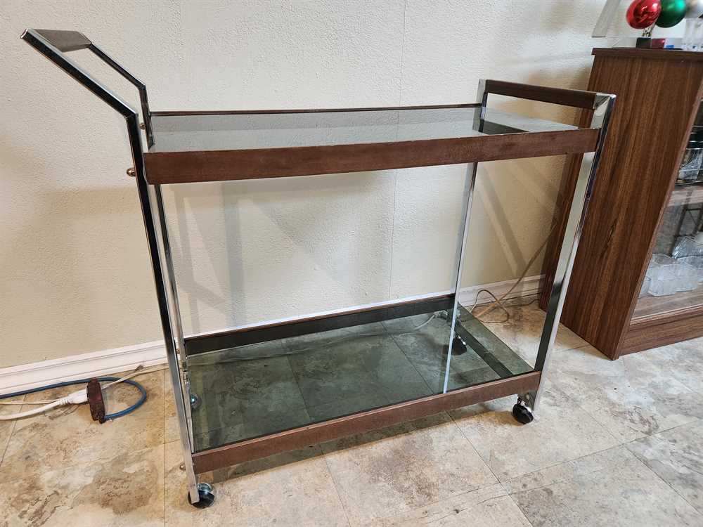 Smoked Glass, Chrome and Walnut Bar Cart