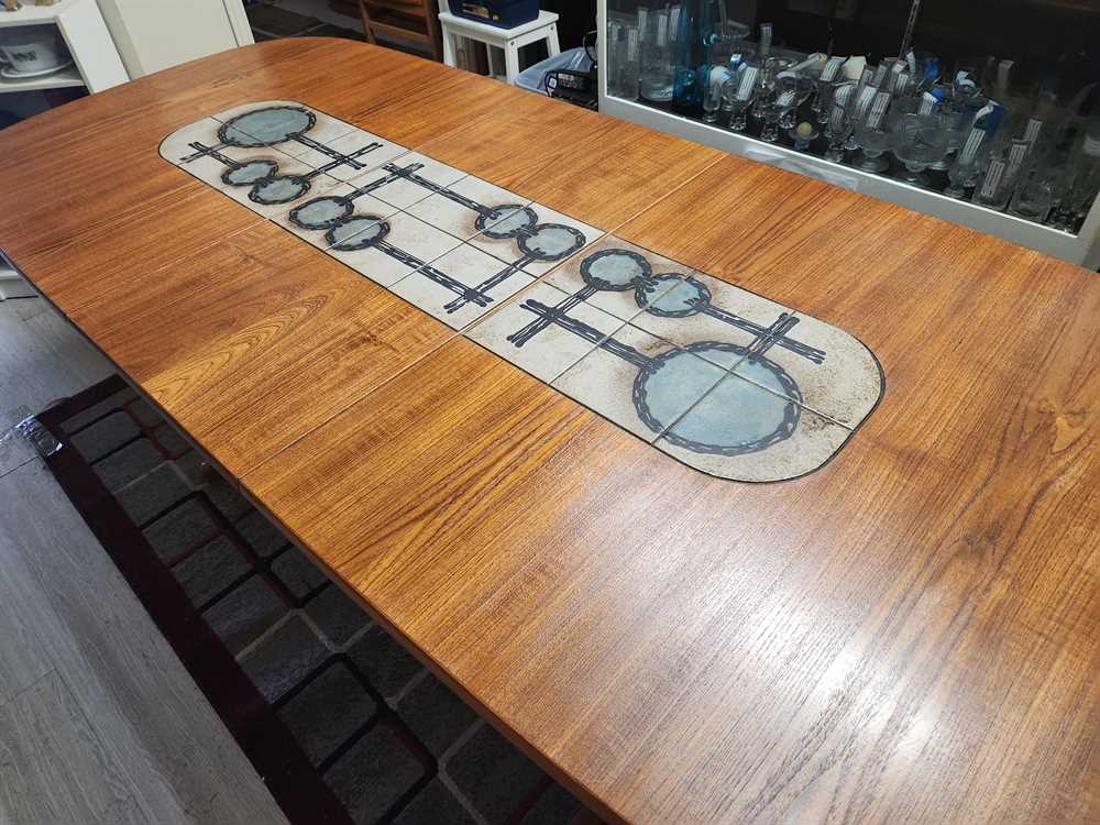 Gangso Mobler Dining Table w/ hand painted Italian Tiles and 1 Leaf.  Signed by artist.