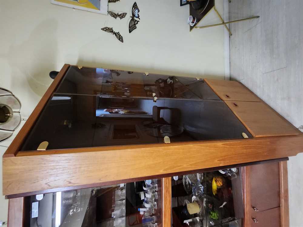 Teak Corner Cabinet w/ lighting and glass shelves
