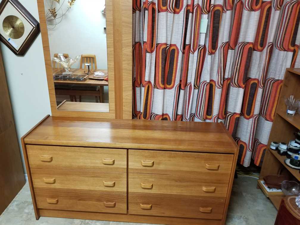 RS Associates Teak 6 Drawer Lowboy Dresser w/ Mirror