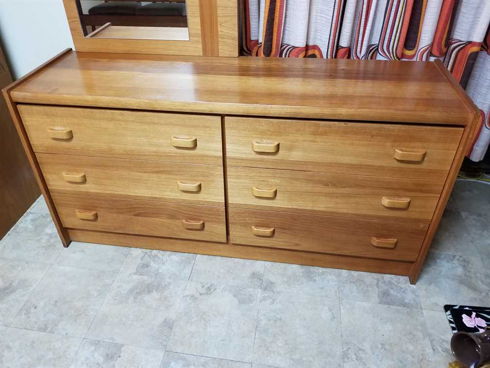 RS Associates Teak 6 Drawer Lowboy Dresser w/ Mirror