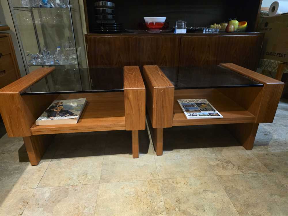 Pair of Teak End Tables w/ Smoked Glass Tops