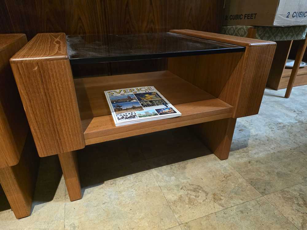 Pair of Teak End Tables w/ Smoked Glass Tops
