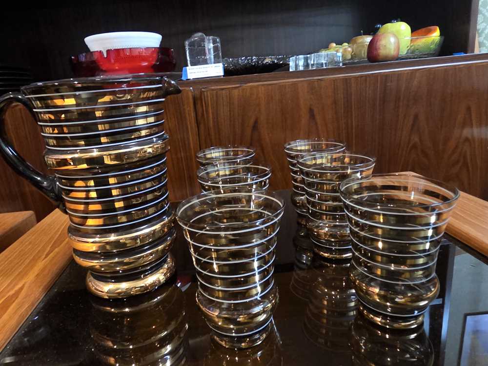 Set of 6 Amber and Gold Glasses with Pitcher