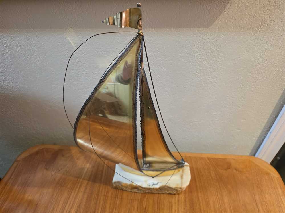 Large Demott Brass Sailboat Sculpture.  Signed.  California.