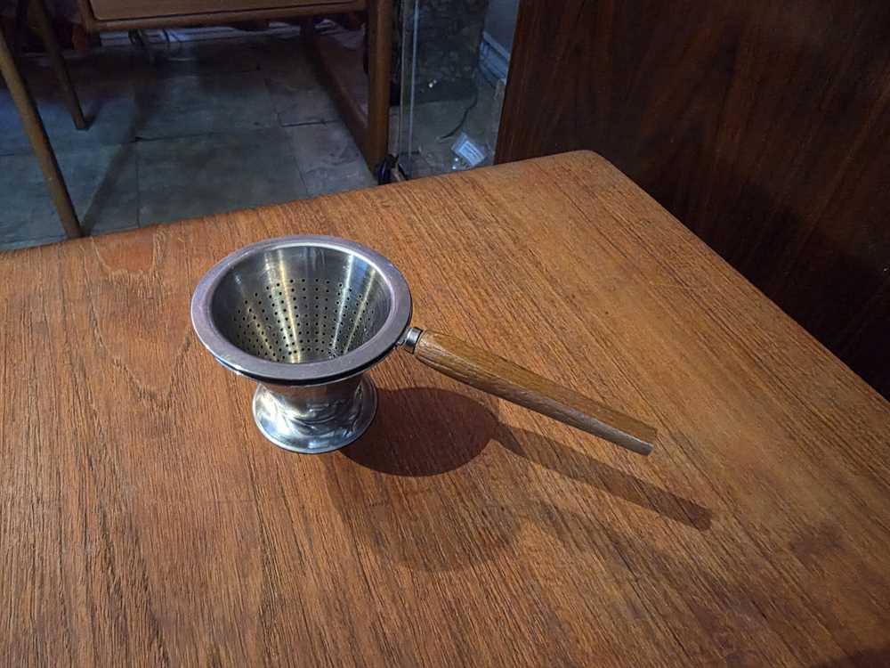 Lundtofte Denmark Teak and Stainless Tea Strainer w/ holder