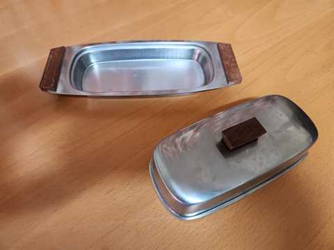 Teak and Stainless Steel Butterdish