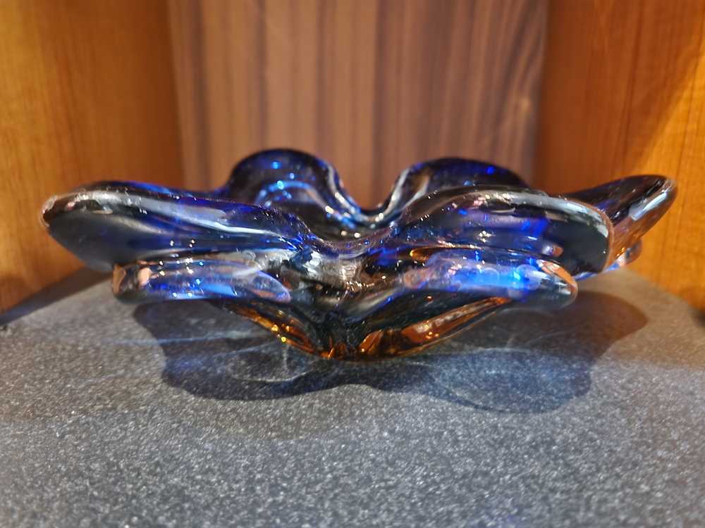 Continental Glass Blue/Amber Basket / Ashtray