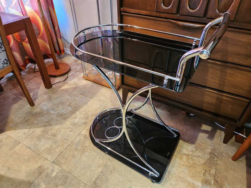 Vintage Art Deco Black Glass and Chrome Bar Cart