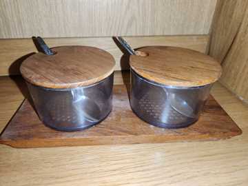 Teak Two Bowl Condiment Tray