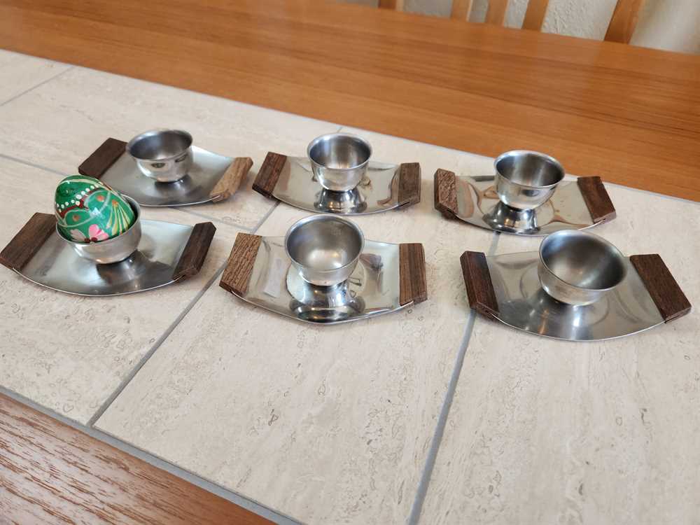 Set of 6 Teak & Stainless Egg Holders