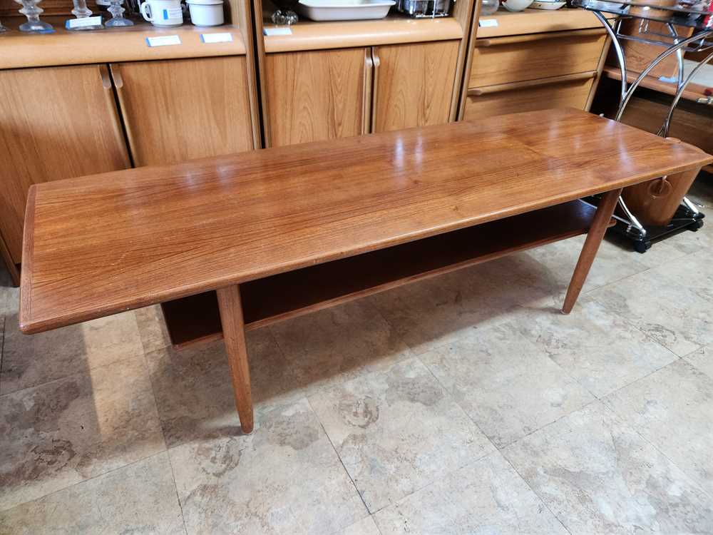 Teak Surfboard Coffee Table w/ Undershelf Model 1070
