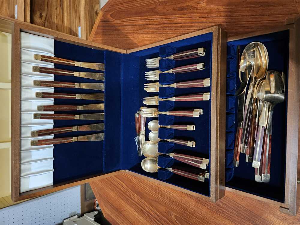 Vintage 1960s Jean Claude  Bronze and Rosewood 65 Piece Cutlery Set.  Made for American Express