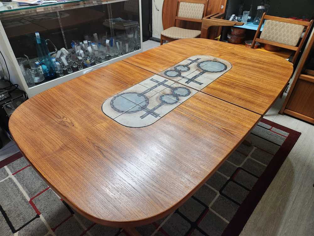 Gangso Mobler Dining Table w/ hand painted Italian Tiles and 1 Leaf.  Signed by artist.