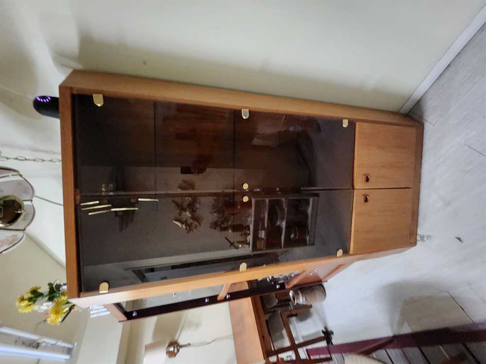 Teak Corner Cabinet w/ lighting and glass shelves