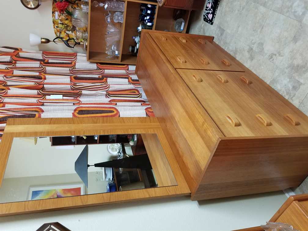 RS Associates Teak 6 Drawer Lowboy Dresser w/ Mirror