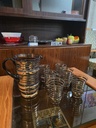 Set of 6 Amber and Gold Glasses with Pitcher
