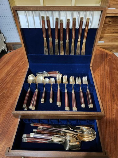 [MB01874] Vintage 1960s Jean Claude  Bronze and Rosewood 65 Piece Cutlery Set.  Made for American Express