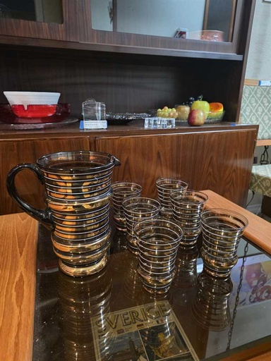 [CT00389] Set of 6 Amber and Gold Glasses with Pitcher